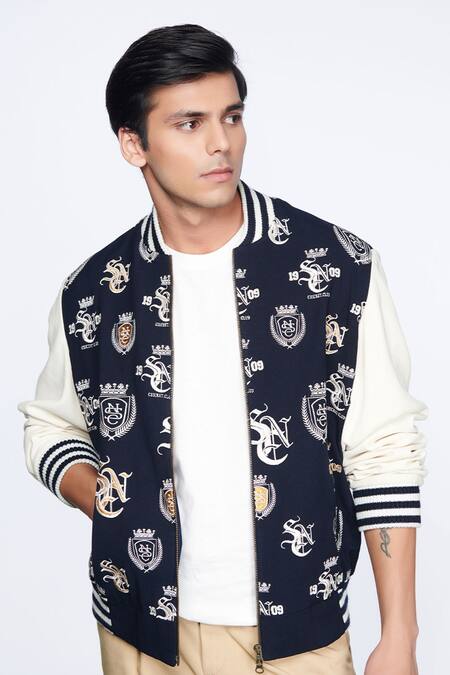 S&N By Shantnu Nikhil Blue Viscose, Polyester, Faux Leather Embroidery Sncc Logos Varsity Jacket Online at Aza Fashions S&N By Shantnu Nikhil_Blue Viscose, Polyester, Faux Leather Embroidery Sncc Logos Varsity Jacket_Online_at_Aza_Fashions