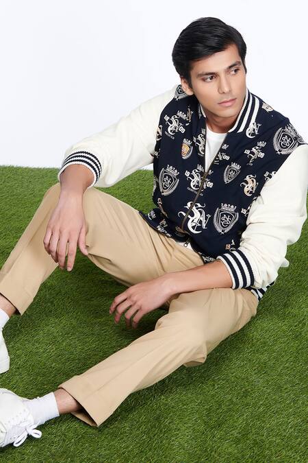 Buy S&N By Shantnu Nikhil Blue Viscose, Polyester, Faux Leather Embroidery Sncc Logos Varsity Jacket Online at Aza Fashions Buy_S&N By Shantnu Nikhil_Blue Viscose, Polyester, Faux Leather Embroidery Sncc Logos Varsity Jacket_Online_at_Aza_Fashions