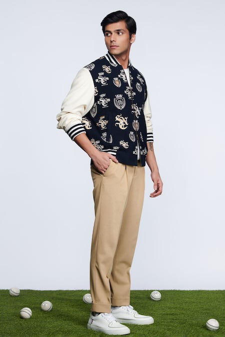 Shop S&N By Shantnu Nikhil Blue Viscose, Polyester, Faux Leather Embroidery Sncc Logos Varsity Jacket Online at Aza Fashions Shop_S&N By Shantnu Nikhil_Blue Viscose, Polyester, Faux Leather Embroidery Sncc Logos Varsity Jacket_Online_at_Aza_Fashions