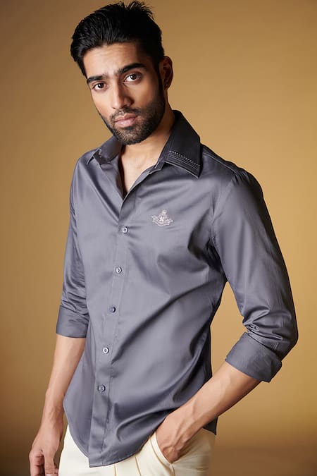 S&N By Shantnu Nikhil_Grey Gingham Embroidery Crest Placement Shirt _Online_at_Aza_Fashions