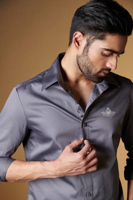 Buy_S&N By Shantnu Nikhil_Grey Gingham Embroidery Crest Placement Shirt _Online_at_Aza_Fashions