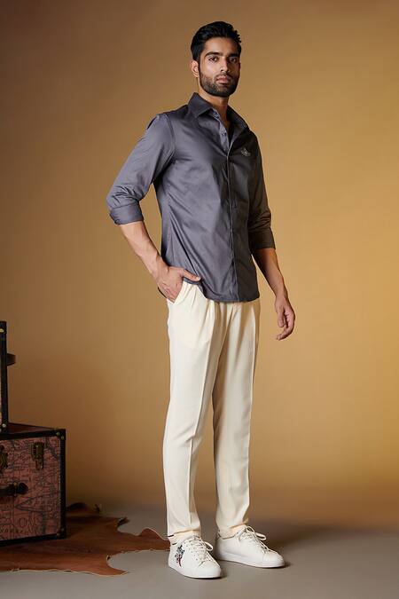 Shop_S&N By Shantnu Nikhil_Grey Gingham Embroidery Crest Placement Shirt _Online_at_Aza_Fashions
