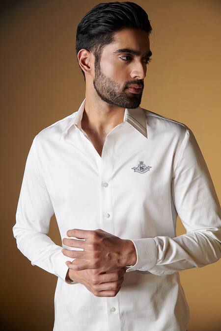 S&N by Shantnu Nikhil_Off White Gabardine, Cotton Embroidery Full Sleeve Shirt _Online_at_Aza_Fashions