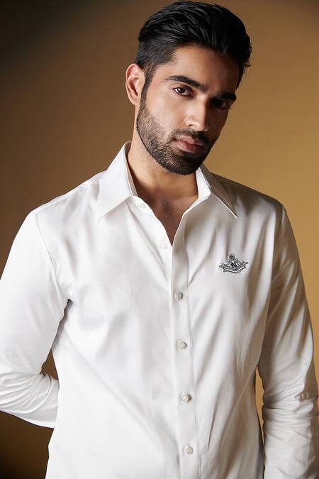 Buy_S&N by Shantnu Nikhil_Off White Gabardine, Cotton Embroidery Full Sleeve Shirt _Online_at_Aza_Fashions
