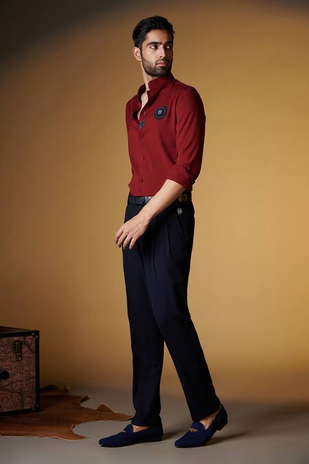 Buy_S&N By Shantnu Nikhil_Maroon Satin Embroidery Placement Shirt_Online_at_Aza_Fashions