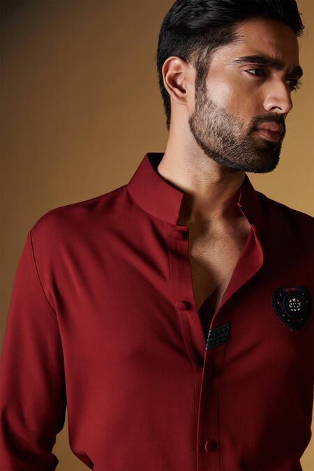 Shop_S&N By Shantnu Nikhil_Maroon Satin Embroidery Placement Shirt_Online_at_Aza_Fashions
