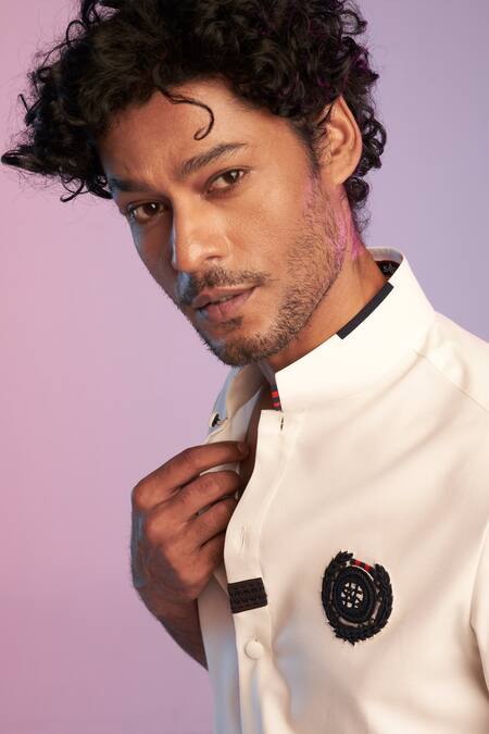 S&N By Shantnu Nikhil Off White Embroidery Nehruvian Collar Shirt Online at Aza Fashions S&N By Shantnu Nikhil_Off White Embroidery Nehruvian Collar Shirt_Online_at_Aza_Fashions