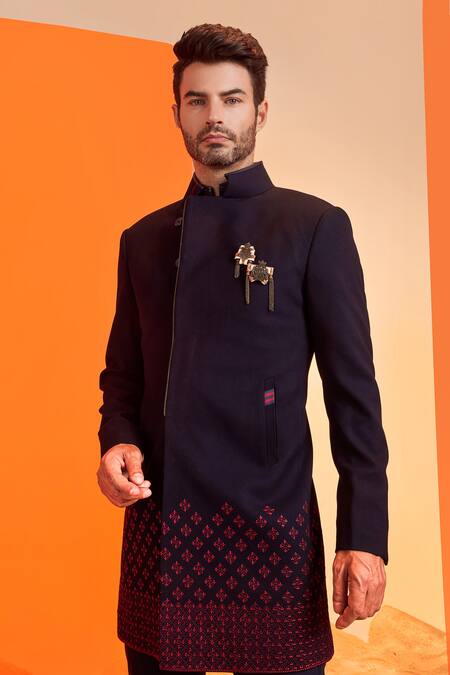 S&N By Shantnu Nikhil_Blue Wool, Viscose, Polyester Embroidery Tribal Sherwani_Online_at_Aza_Fashions