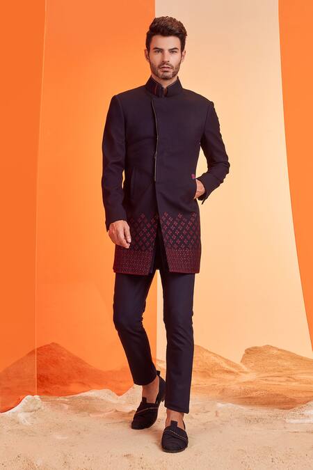 Buy_S&N By Shantnu Nikhil_Blue Wool, Viscose, Polyester Embroidery Tribal Sherwani_Online_at_Aza_Fashions