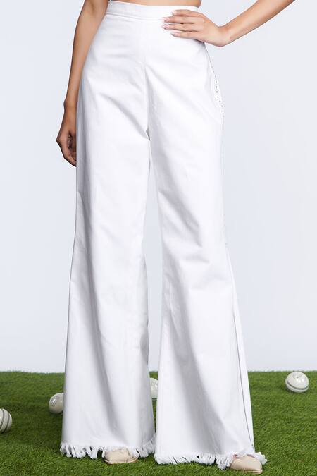 S&N By Shantnu Nikhil_Off White Denim, Faux Leather Retro Flared Trouser_Online_at_Aza_Fashions
