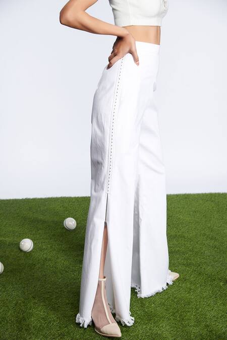 Buy_S&N By Shantnu Nikhil_Off White Denim, Faux Leather Retro Flared Trouser_Online_at_Aza_Fashions