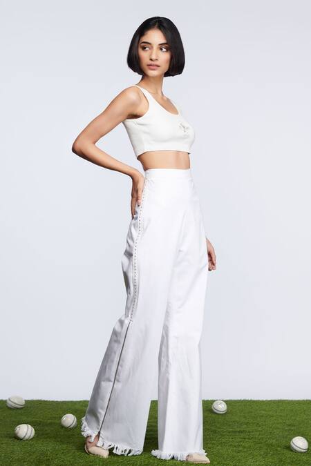 Shop_S&N By Shantnu Nikhil_Off White Denim, Faux Leather Retro Flared Trouser_Online_at_Aza_Fashions