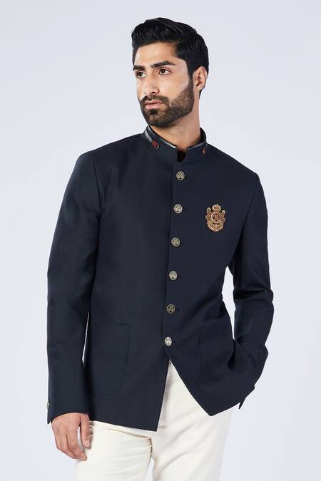 S&N By Shantnu Nikhil_Black Cotton, Lycra, Polyester Crest Embroidered Bandhgala_Online_at_Aza_Fashions