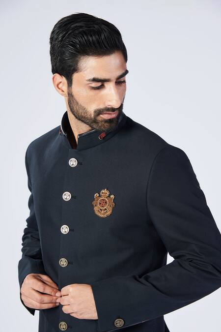 Buy_S&N By Shantnu Nikhil_Black Cotton, Lycra, Polyester Crest Embroidered Bandhgala_Online_at_Aza_Fashions