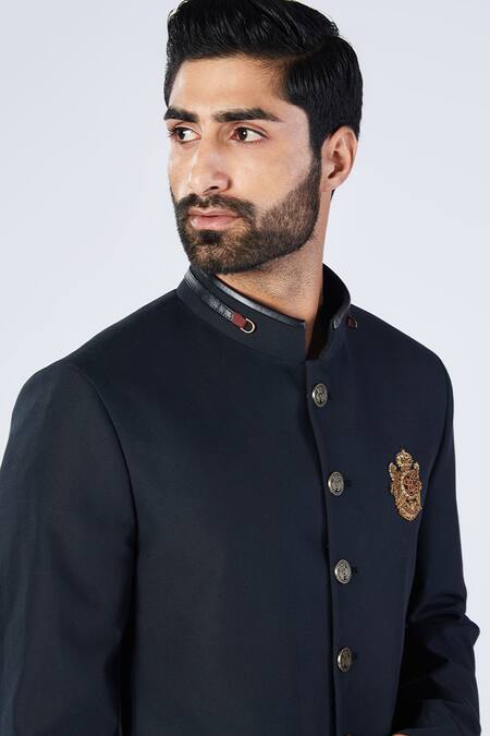 Shop_S&N By Shantnu Nikhil_Black Cotton, Lycra, Polyester Crest Embroidered Bandhgala_Online_at_Aza_Fashions
