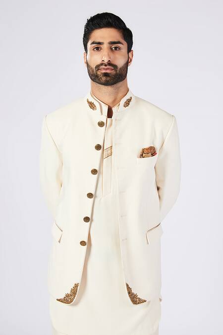 S&N By Shantnu Nikhil_Off White Wool, Viscose, Polyester Embroidery Patchwork Collar Bandhgala_Online_at_Aza_Fashions