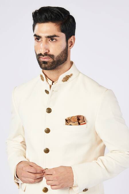 Buy_S&N By Shantnu Nikhil_Off White Wool, Viscose, Polyester Embroidery Patchwork Collar Bandhgala_Online_at_Aza_Fashions