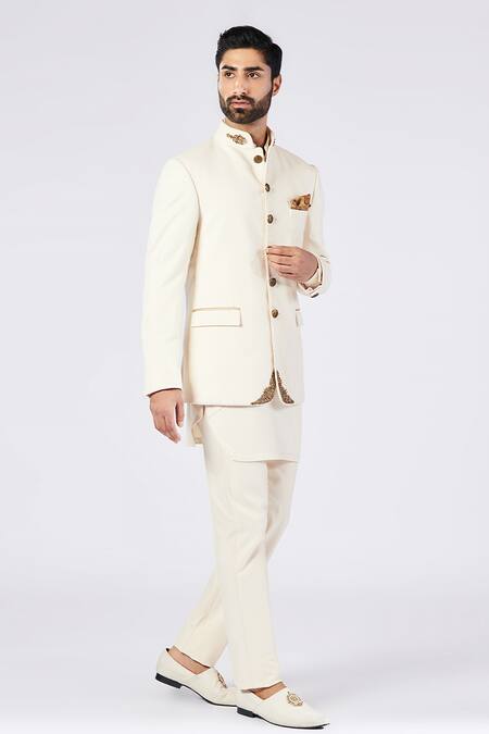 Shop_S&N By Shantnu Nikhil_Off White Wool, Viscose, Polyester Embroidery Patchwork Collar Bandhgala_Online_at_Aza_Fashions
