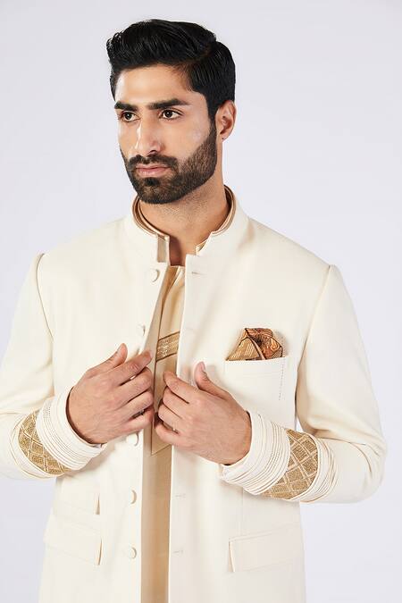 Buy_S&N By Shantnu Nikhil_Off White Wool, Viscose, Polyester Embroidery Zari Sleeve Bandhgala_Online_at_Aza_Fashions