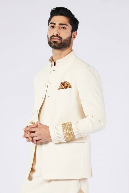 Shop_S&N By Shantnu Nikhil_Off White Wool, Viscose, Polyester Embroidery Zari Sleeve Bandhgala_Online_at_Aza_Fashions