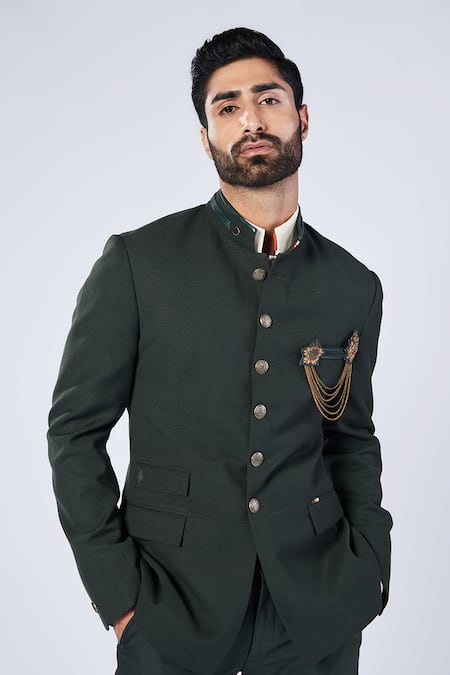 S&N By Shantnu Nikhil_Green Wool, Viscose, Polyester Metallic Gold Buttons Bandhgala _Online_at_Aza_Fashions