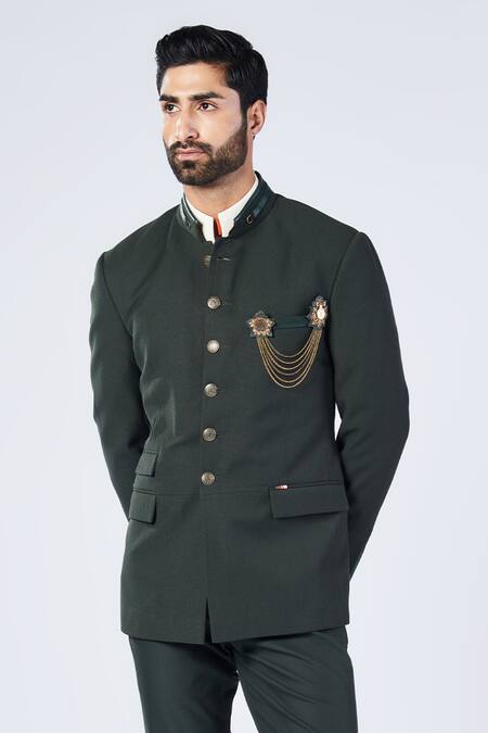 Buy_S&N By Shantnu Nikhil_Green Wool, Viscose, Polyester Metallic Gold Buttons Bandhgala _Online_at_Aza_Fashions