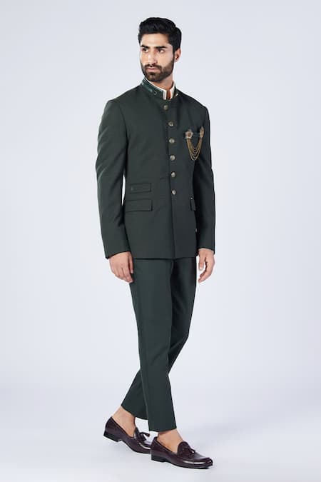 Shop_S&N By Shantnu Nikhil_Green Wool, Viscose, Polyester Metallic Gold Buttons Bandhgala _Online_at_Aza_Fashions