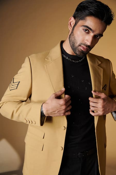 S&N by Shantnu Nikhil_Beige Viscose, Polyester, Faux Leather Embroidery Sandn Crest Slim Fit Jacket _Online_at_Aza_Fashions