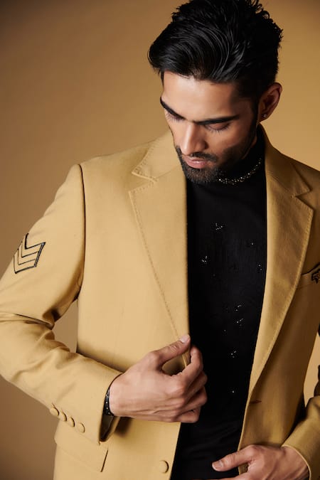 Buy_S&N by Shantnu Nikhil_Beige Viscose, Polyester, Faux Leather Embroidery Sandn Crest Slim Fit Jacket _Online_at_Aza_Fashions