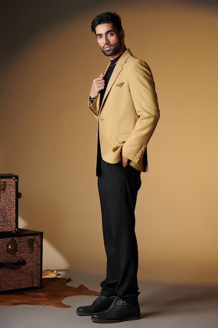 Shop_S&N by Shantnu Nikhil_Beige Viscose, Polyester, Faux Leather Embroidery Sandn Crest Slim Fit Jacket _Online_at_Aza_Fashions