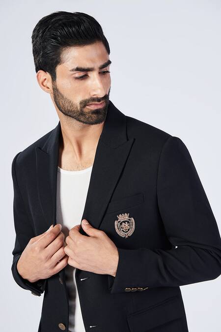 S&N By Shantnu Nikhil_Black Lycra, Viscose, Polyester Embroidery Placement Crest Blazer_Online_at_Aza_Fashions