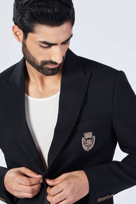 Buy_S&N By Shantnu Nikhil_Black Lycra, Viscose, Polyester Embroidery Placement Crest Blazer_Online_at_Aza_Fashions