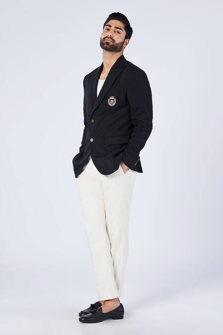 Shop_S&N By Shantnu Nikhil_Black Lycra, Viscose, Polyester Embroidery Placement Crest Blazer_Online_at_Aza_Fashions