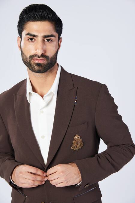 S&N By Shantnu Nikhil_Brown Lycra, Viscose, Polyester Embroidery Placement Crest Motif Blazer_Online_at_Aza_Fashions