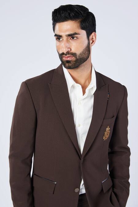 Buy_S&N By Shantnu Nikhil_Brown Lycra, Viscose, Polyester Embroidery Placement Crest Motif Blazer_Online_at_Aza_Fashions