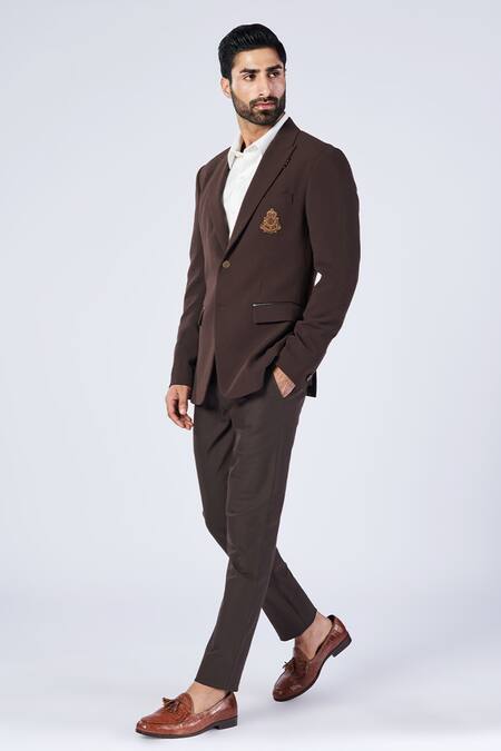 Shop_S&N By Shantnu Nikhil_Brown Lycra, Viscose, Polyester Embroidery Placement Crest Motif Blazer_Online_at_Aza_Fashions