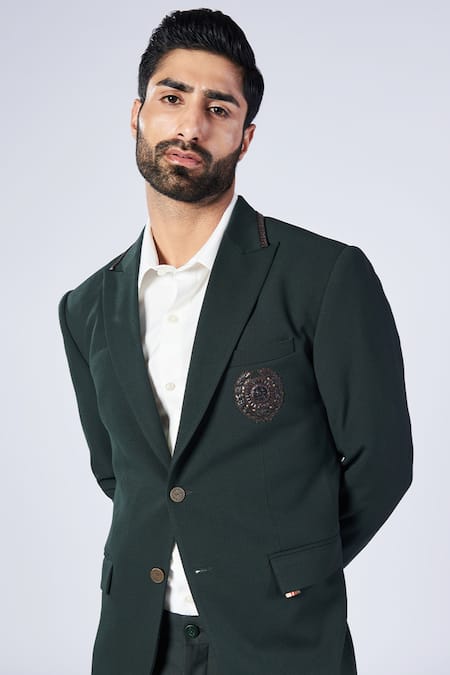 S&N By Shantnu Nikhil_Green Lycra, Viscose, Terrycloth Embroidery Placement Crest Blazer _Online_at_Aza_Fashions