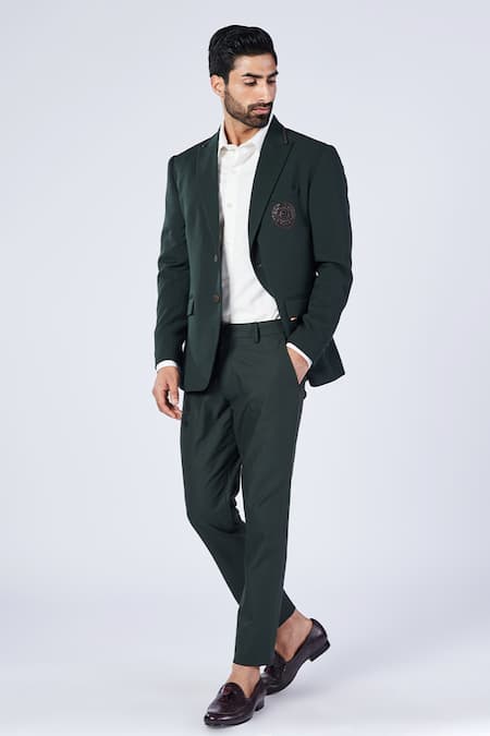 Shop_S&N By Shantnu Nikhil_Green Lycra, Viscose, Terrycloth Embroidery Placement Crest Blazer _Online_at_Aza_Fashions