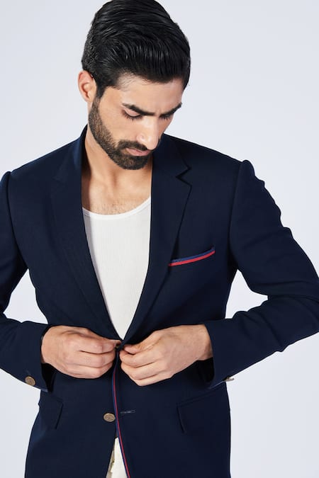 S&N By Shantnu Nikhil_Blue Lycra, Viscose, Polyester Adamas Motif Blazer_Online_at_Aza_Fashions