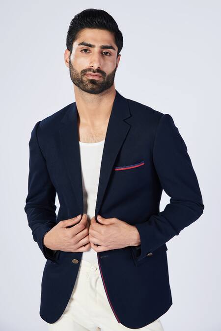 Buy_S&N By Shantnu Nikhil_Blue Lycra, Viscose, Polyester Adamas Motif Blazer_Online_at_Aza_Fashions