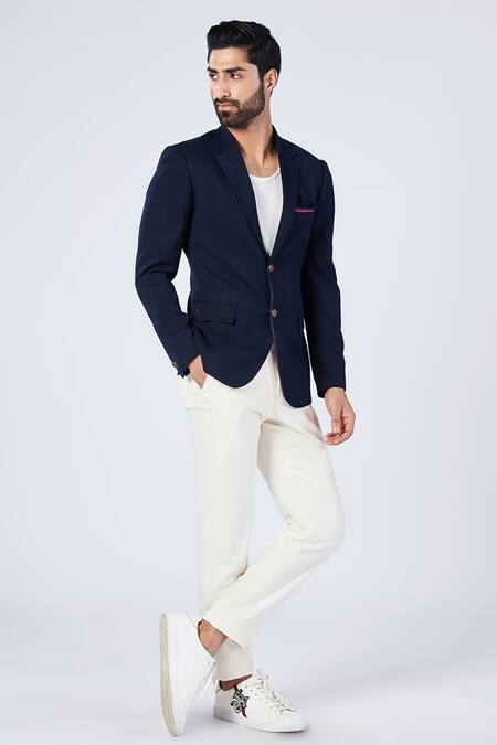 Shop_S&N By Shantnu Nikhil_Blue Lycra, Viscose, Polyester Adamas Motif Blazer_Online_at_Aza_Fashions