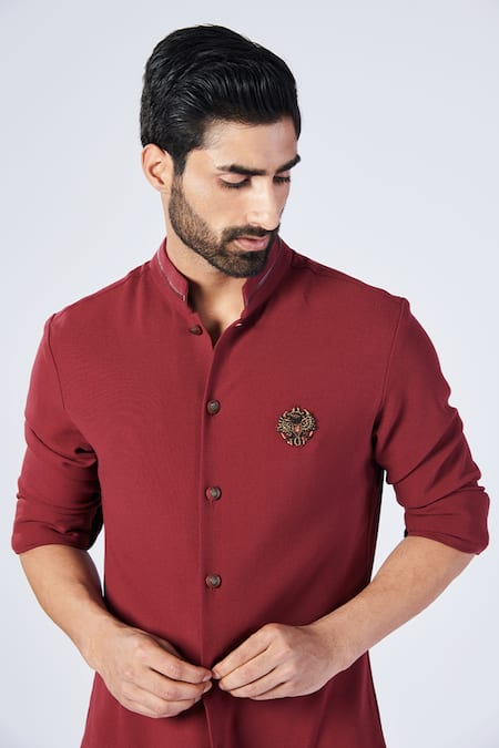 S&N by Shantnu Nikhil_Red Lycra, Viscose, Polyester Embroidery Button Down Shirt Kurta _Online_at_Aza_Fashions