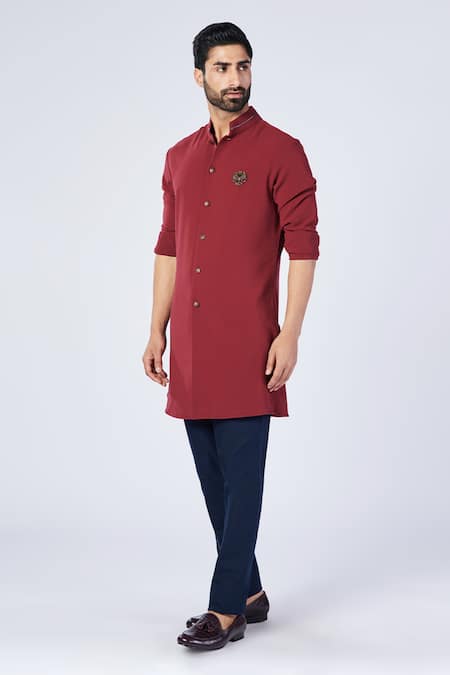 Shop_S&N by Shantnu Nikhil_Red Lycra, Viscose, Polyester Embroidery Button Down Shirt Kurta _Online_at_Aza_Fashions