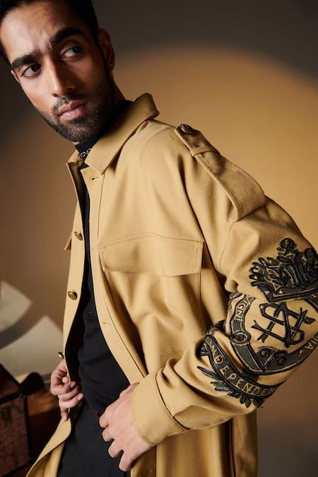 S & N By Shantnu Nikhil_Beige Faux Leather, Suede Embroidery Hand-crafted Crest Overcoat _Online_at_Aza_Fashions