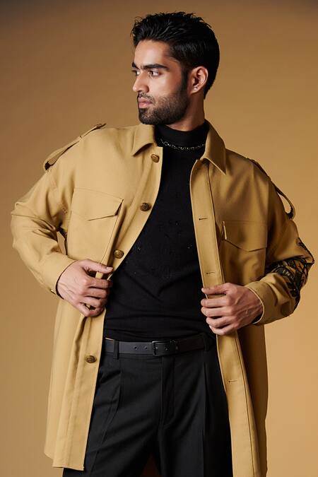 Buy_S & N By Shantnu Nikhil_Beige Faux Leather, Suede Embroidery Hand-crafted Crest Overcoat _Online_at_Aza_Fashions
