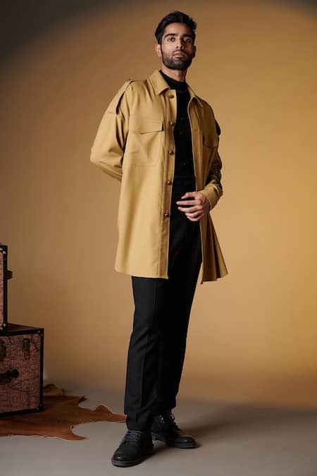 Shop_S & N By Shantnu Nikhil_Beige Faux Leather, Suede Embroidery Hand-crafted Crest Overcoat _Online_at_Aza_Fashions