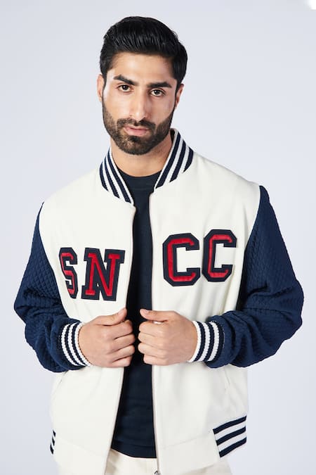 S&N by Shantnu Nikhil_Off White Cotton, Polyester Colorblock Varsity Jacket _Online_at_Aza_Fashions