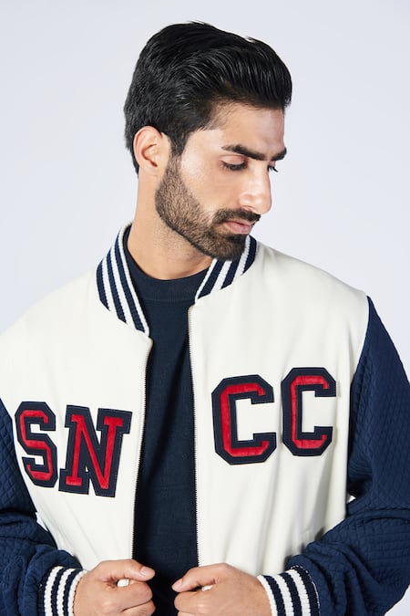 Buy_S&N by Shantnu Nikhil_Off White Cotton, Polyester Colorblock Varsity Jacket _Online_at_Aza_Fashions