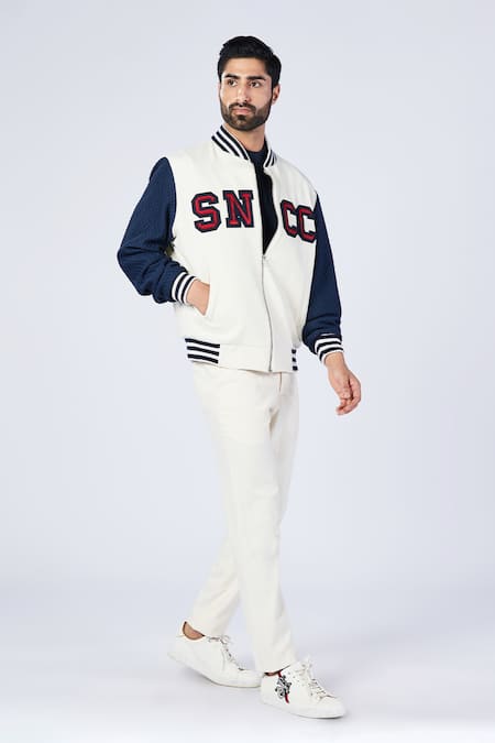 Shop_S&N by Shantnu Nikhil_Off White Cotton, Polyester Colorblock Varsity Jacket _Online_at_Aza_Fashions