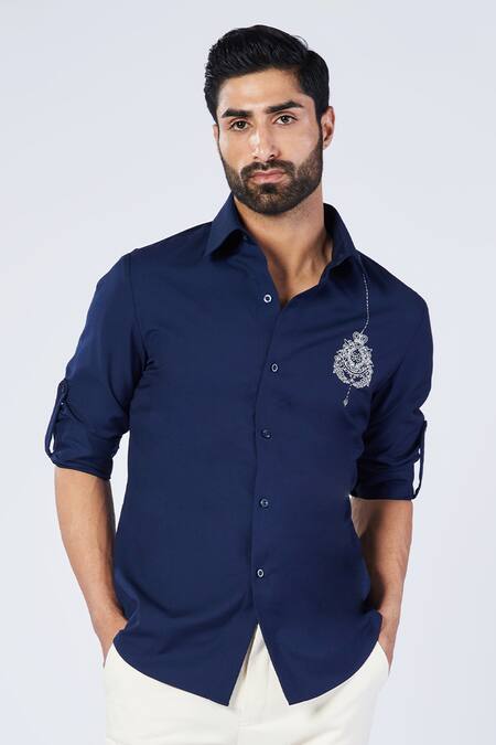 S&N By Shantnu Nikhil_Blue Viscose, Lycra Embroidery Placement Crest Work Tab Sleeve Shirt_Online_at_Aza_Fashions